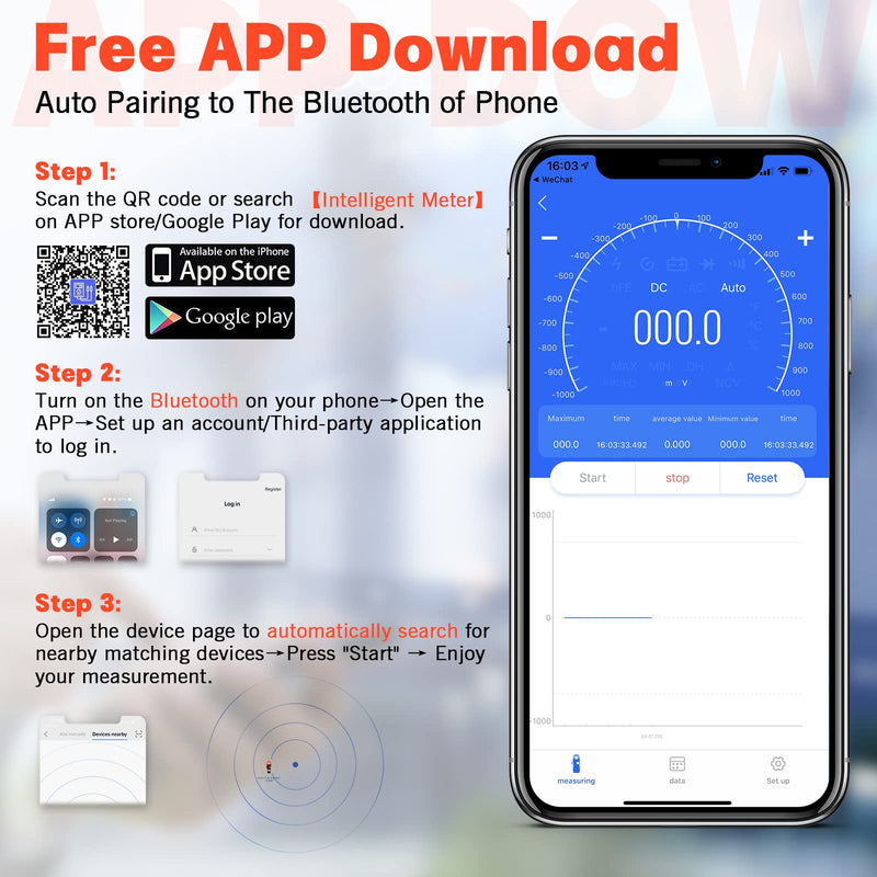 [Australia - AusPower] - Wireless Clamp Meter, 1000A AC/DC Current Amp Clamp, TRMS 4000 Counts Auto Range Clamp on Ammeter, Bluetooth Clamp Multimeter Measures Voltage, Capacitance, Ohm, Hz and Temperature 