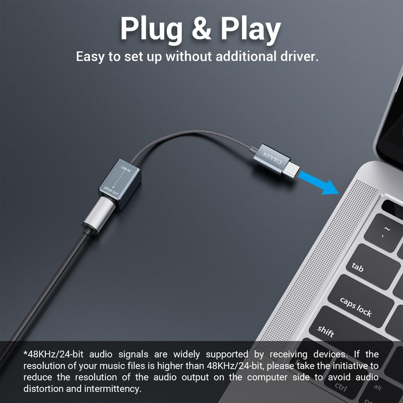 Cubilux USB to S/PDIF Transmitter for Music Playing, USB C to TOSLINK Output Adapter (Stereo Sound), USB Optical Audio Converter Suitable for iPhone 17/16/15 Series - Not for 7.1/5.1, NOT for TV