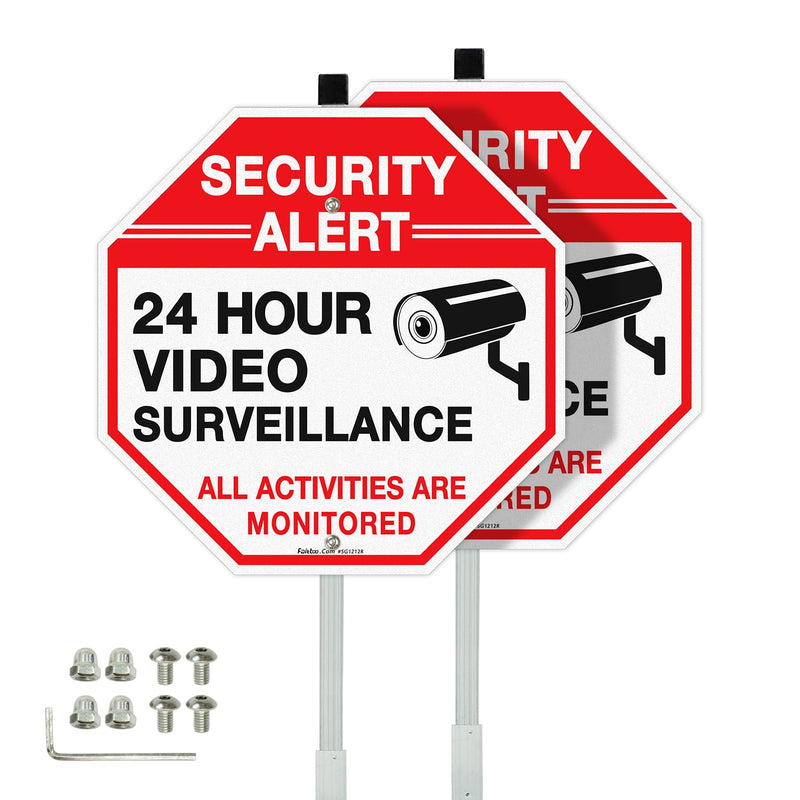 Faittoo Security Sign Video Surveillance Sign with 36" Stake for Outside, 2-Pack 12"x12" Rust Free Heavy Aluminum, Reflective, Fade Resistant, 2 pre-drilled holes, Includes Matching Screws & Wrench, 12"x12" - 2 Pack with 36" Stake
