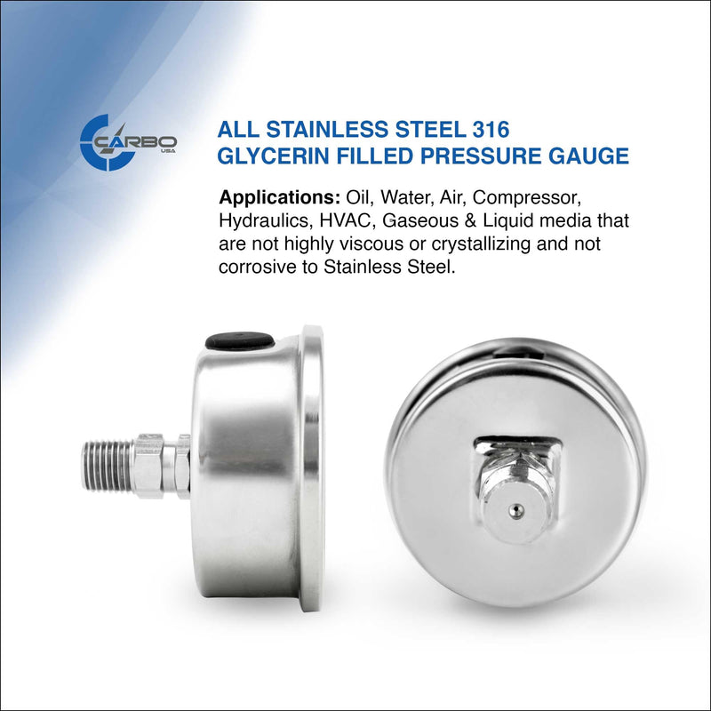 [Australia - AusPower] - 2 1-2" Pressure Gauge, All Stainless Steel Wetted Parts, Case, Connection, Liquid Filled, 0-60 psi/kPa, Back Mount 1/4" NPT 