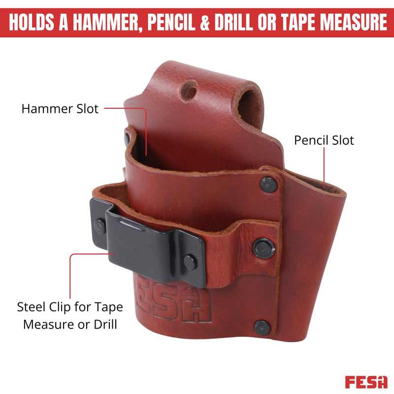 FESA Leather Tape Measure Holder - Measuring Tape or Drill Holder for Tool Belt with Steel Clip, Pencil Pocket & Heavy Duty Rivets - 2 Ways to Attach - Fits Any Belt - Handcrafted Cherry - With Hammer Pocket