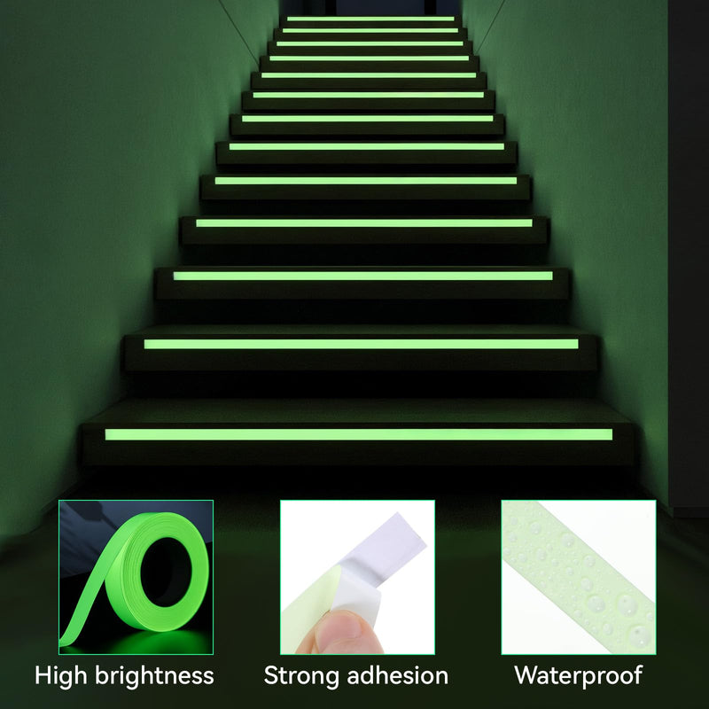 2 Roll Glow Dark Tape, 1/2in × 33 Ft Fluorescent Waterproof Glow in the Dark Tape, High Visibility Glow Dark Reflective Tape for Night Decorations, Stairs, Exit Sign