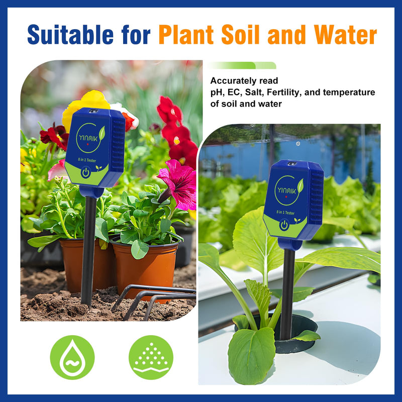 [Australia - AusPower] - YINMIK pH Moisture Meter Smart Soil Test Kit Garden pH Meter Hygrometer pH Conductivity Meter for Hydroponic 8 in 1 Farm pH Moisture pH Moisture EC Fertility Salt Sunlight Air Humidity Temp Tester 8 in 1 Soil pH meter 