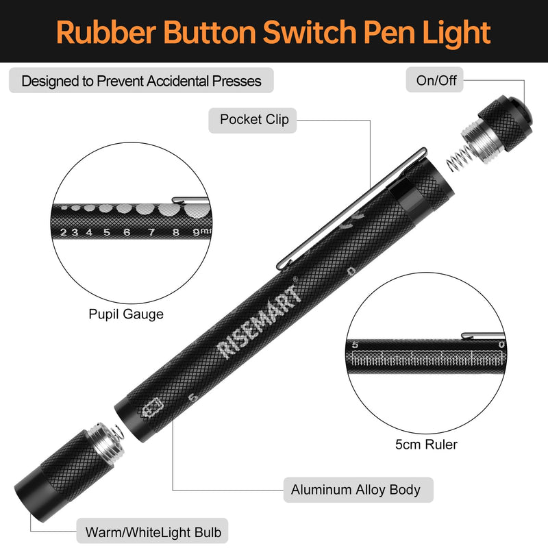 [Australia - AusPower] - RISEMART 2 Pack Pen Light for Nurse, Medical Penlight with One-Button Switch for White & Warm Light, Pupil Gauge & 5cm Ruler, Pocket Clip, Durable LED Penlights for Nursing, Doctors, Students 