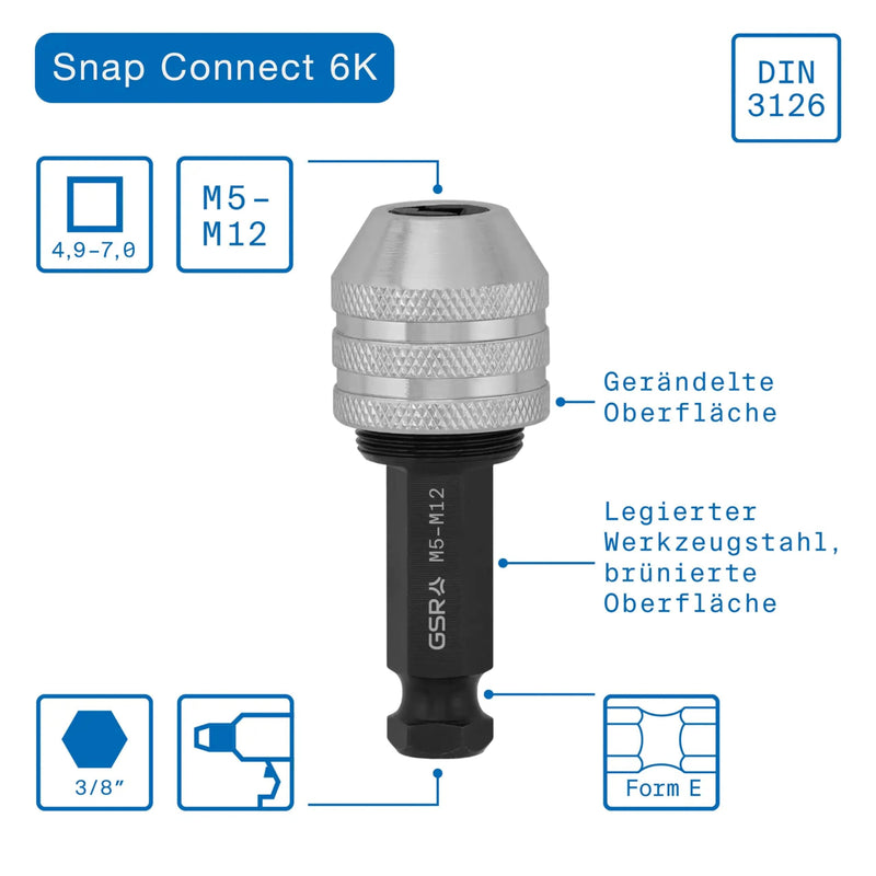 GSR Thread Cutting Adapter M5-M12 | Tool Holder with 3/8" Hex Shank & Square Socket | For All Standard Cordless Drills | Clamping Range 5-9mm | Accessories for Hand Taps M5–M12