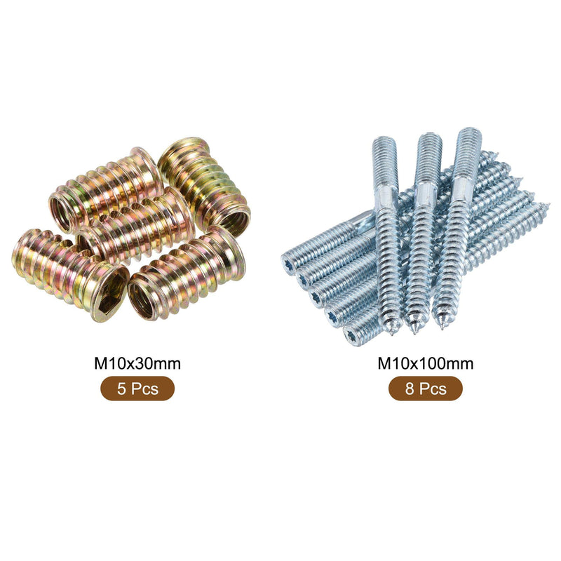 [Australia - AusPower] - uxcell 5pcs M10x30mm Insert Nuts, 8pcs M10x100mm Hanger Bolts, Wood Furniture Set 