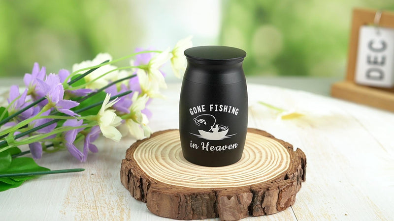 SOITIS Small Urns for Human Ashes - 2.76 Inches Black Aluminium Urn for Ashes Keepsake, Cremation Urns Memorial Holder, Funeral Sharing Decorative Urn for Women Men - Gone Fishing Mini Urn