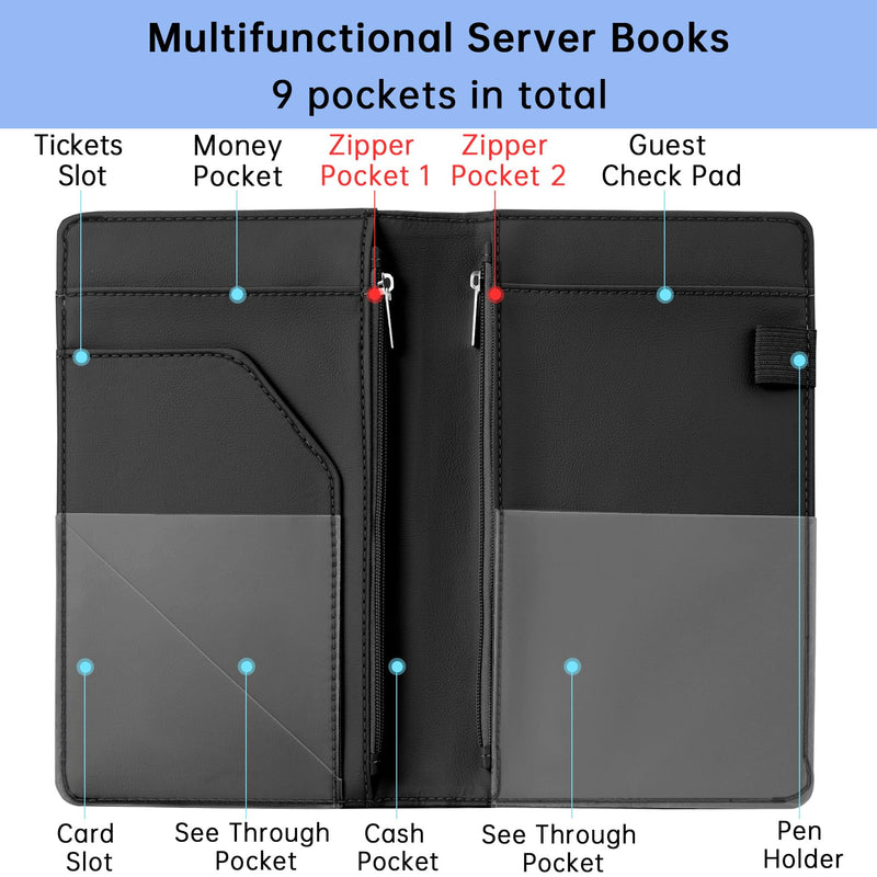 Server Book with 2 Zipper Pockets, Leather Server Books for Waitress, Waiter Serving Book Booklet Wallet Money Pocket Restaurant Checkbook Holder Waitstaff Organizer Fits Server Apron, Black