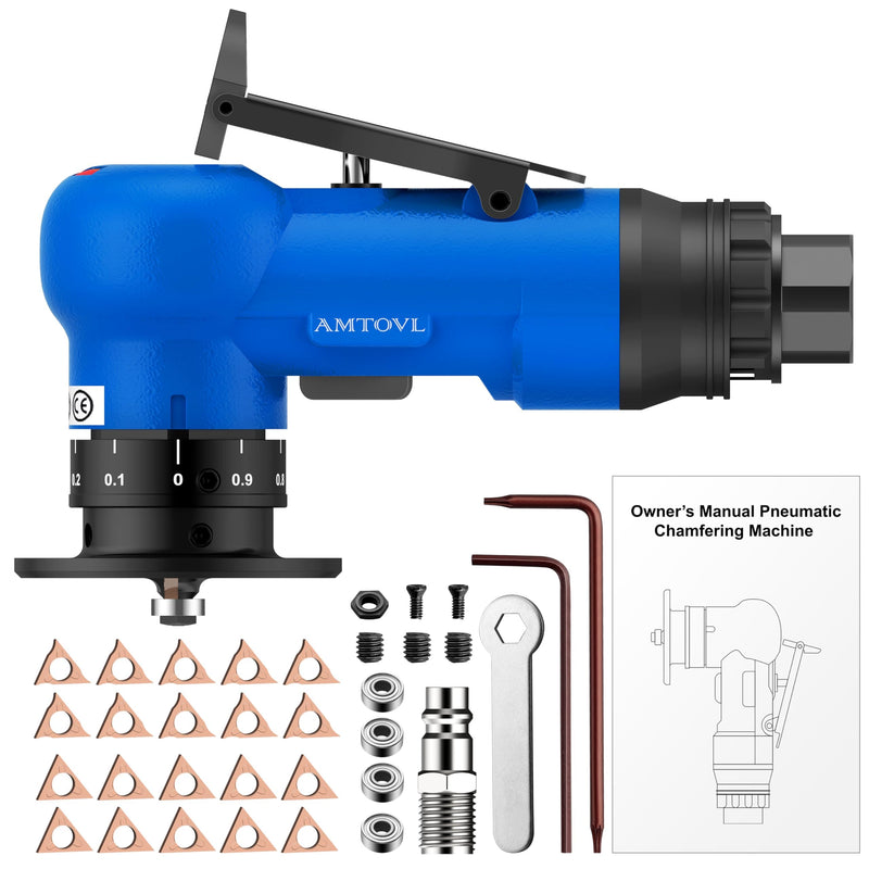 [Australia - AusPower] - AMTOVL Pneumatic Chamfering Tool - Mini Air Chamfer Tool with 10 C-Angle & 10 R-Angle Blades, 45° 30000 RPM Chamfering Tool for Metal and Wood with 1/4" Air Inlet Blue 