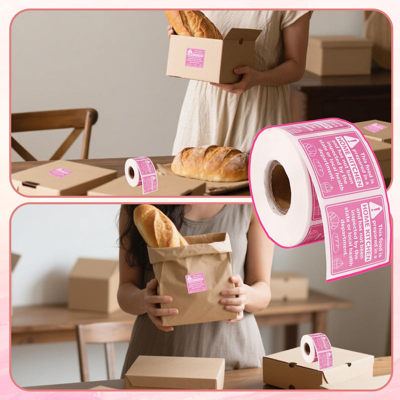 500pcs Cottage Food Law Labels, 3.81x3.81cm/1.5x1.5in Square Thermal Printed Adhesive Food Packaging Ingredients Baking Baked Stickers Decals for Home Made Homemade Bakery Compliance (Pink)