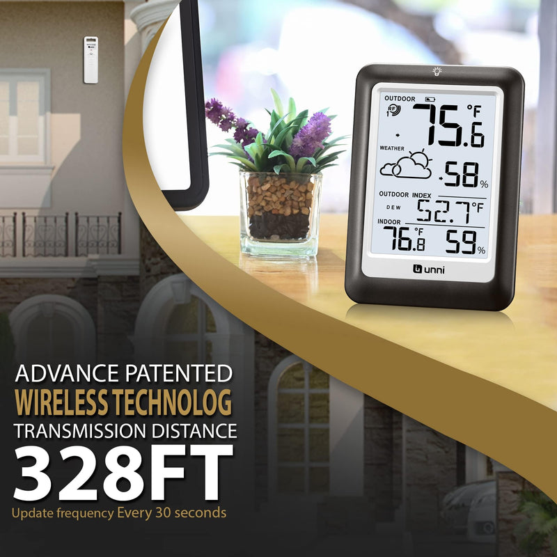 Indoor Outdoor Thermometer Wireless Weather Station, Temperature Humidity Monitor Battery Powered Inside Outside Thermometers with 330ft Range Remote Sensor and Backlight Display（Metal Black） Metal Black