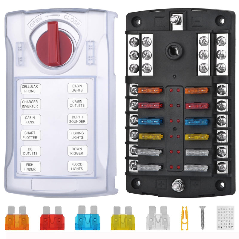 [Australia - AusPower] - 12 Volt Fuse Block, Waterproof Boat Fuse Panel with LED Warning Indicator Damp-Proof Cover, 12 Circuits with Negative Bus Fuse Box for Car Marine RV Truck Block DC 12-24V 