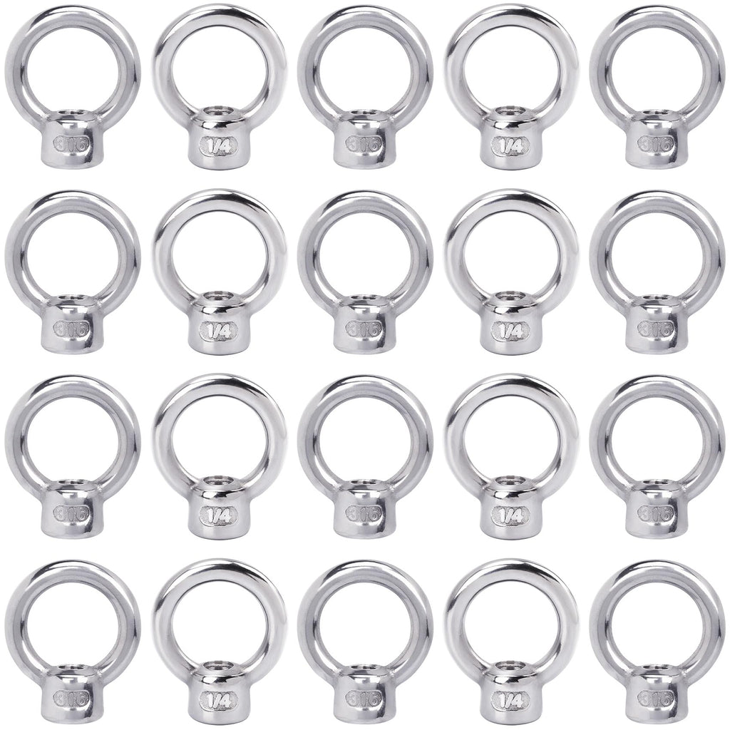 PAGOW 20 Pcs Stainless Steel 316 Lifting Eye Nut, 1/4" UNC Heavy Duty Marine Grade, Hardware Ring Shaped Eye Bolt