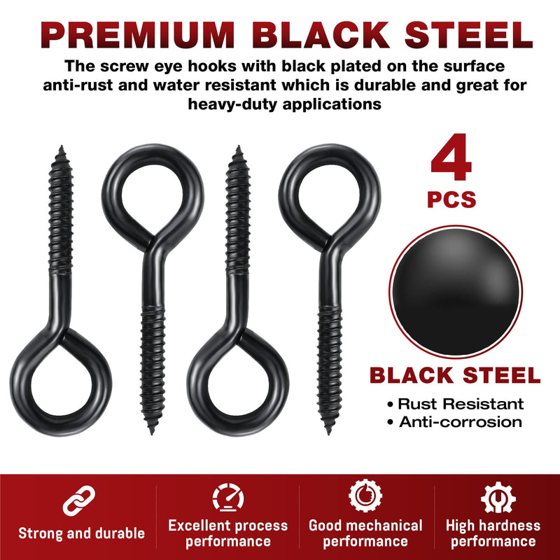 [Australia - AusPower] - 6 Inch Heavy Duty Black Screw Eyes Hooks, 700LBS Breaking Strength, 4PCS Self Tapping Eyelet Screw Eye Bolts, Screw in Eye Hooks for Wood Securing Cables Wire, Heavy Indoor & Outdoor Uses 