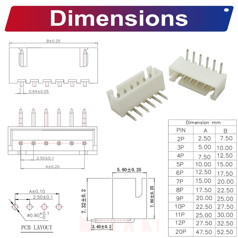 [Australia - AusPower] - JST-XH 2.5 DIP Header 2.54mm JST Connector Kit, JST-XH 2/3/4/5/6/7/8/9/10/12Pin DIP Header Side Type Right Angle Type Header（JTS-XH2.5-DIP-R/A) 