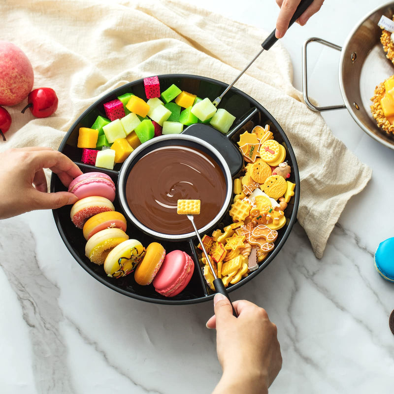 Lallisa Electric Fondue Pot Set, Chocolate Fondue Kit, Detachable Serving Trays with 4 Roasting Forks, Valentine's Day Gift Set for Date Night House Warming Melting Parties(Black) Black