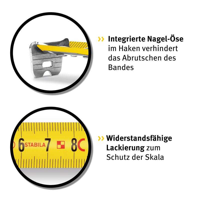 Stabila Pocket Tape Measure BM 100 8m Metric Scale Tape Measure Shatterproof ABS Housing Movable Start Hook Belt Clip MID Accuracy Silver cm scale 8 m