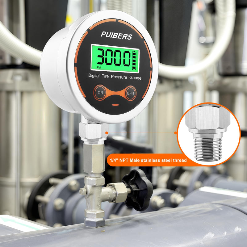 [Australia - AusPower] - 300 Psi Digital Water Pressure Gauge 1/4 NPT Lower Mount，Media Water, Air or Oil Pressure Gauge 304 Stainless ±0.25% Accuracy,Suitable for Home Water Pipe, HVAC,Air Pressure Measuring 300 PSI 