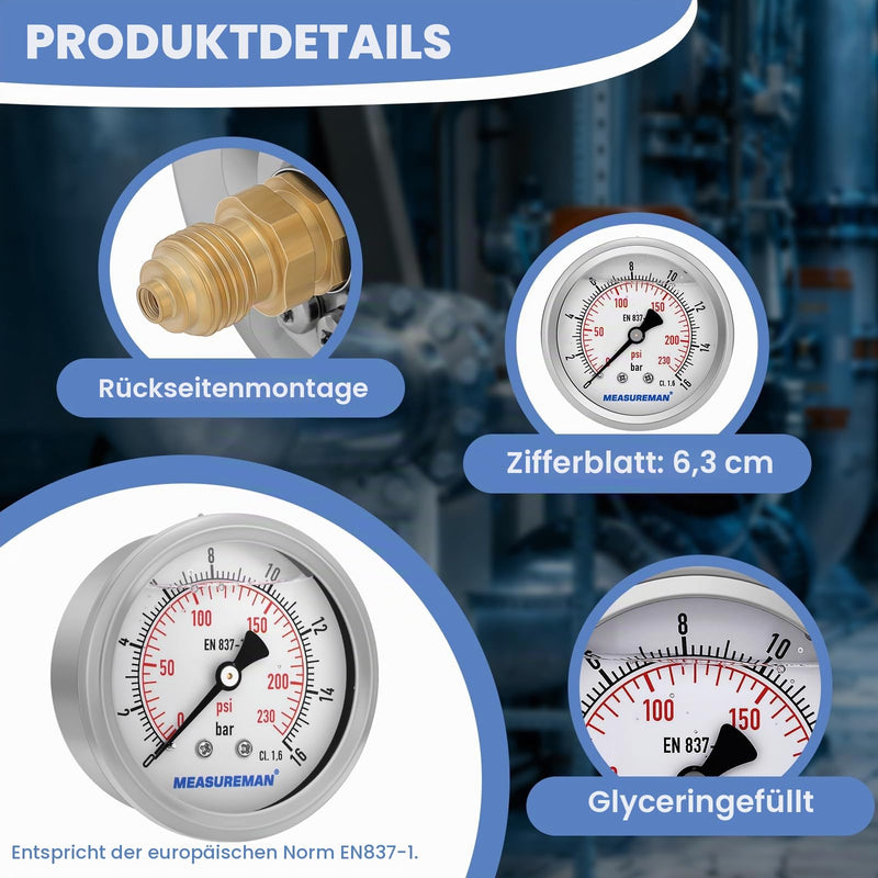 Pressure Gauge, Glycerine Filled Pressure Gauge, 63 mm Dial, 0-16bar, 304 Stainless Steel Case, G1/4 Rear Connection