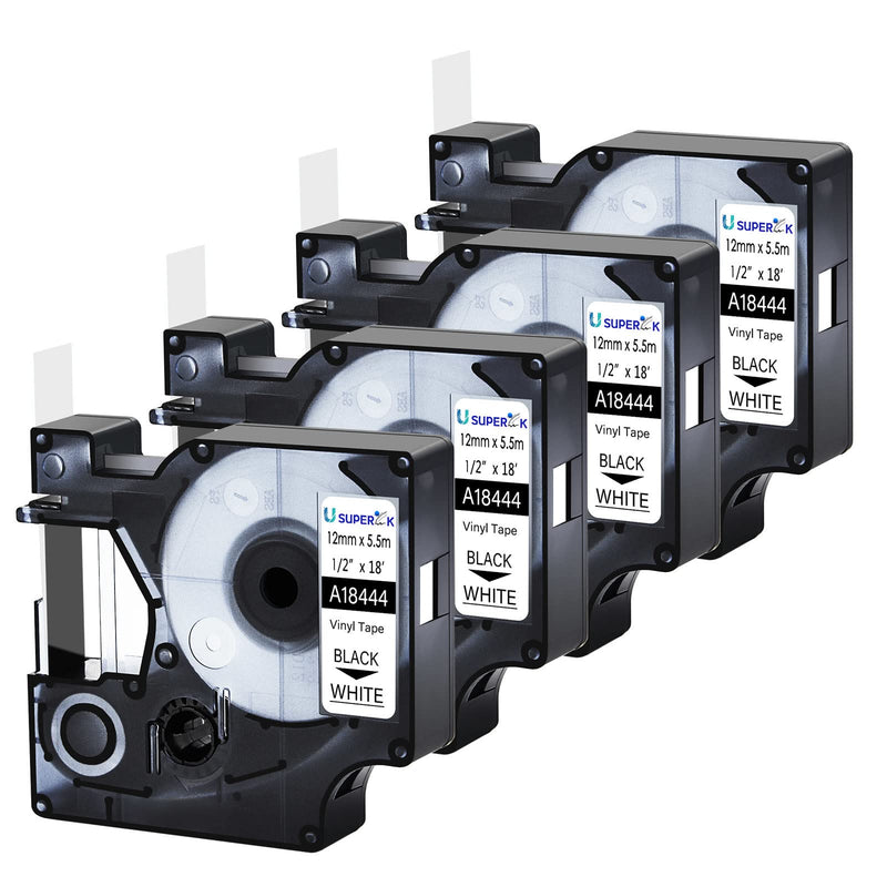 [Australia - AusPower] - USUPERINK 4 Pack Compatible for DYMO Label Maker Refills 18444 1/2'' 12mm Black on White Industrial Permanent Vinyl Label Tapes for Rhino 1000 3000 4200 5200 5000 6000 
