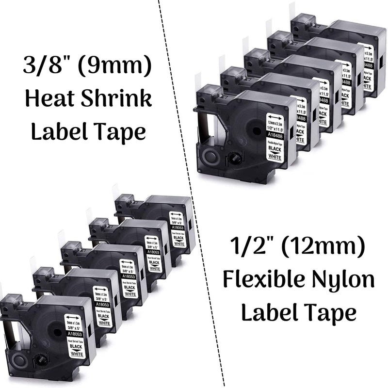 5Pack 3/8'' Heat Shrink Tube Labels + 5Pack 1/2'' Flexible Nylon Label Tape Compatible with Dymo Rhino 4200 5200 6000 Label Makers