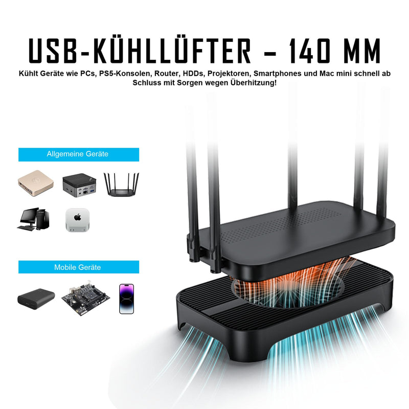 X3-V2 Router Cooler 140mm USB Fan with 3 Levels Black | For routers and mini PCs; 3 speed settings, up to 75.8 CFM, max. 18 dB(A), USB 5 V, 800 mm cable