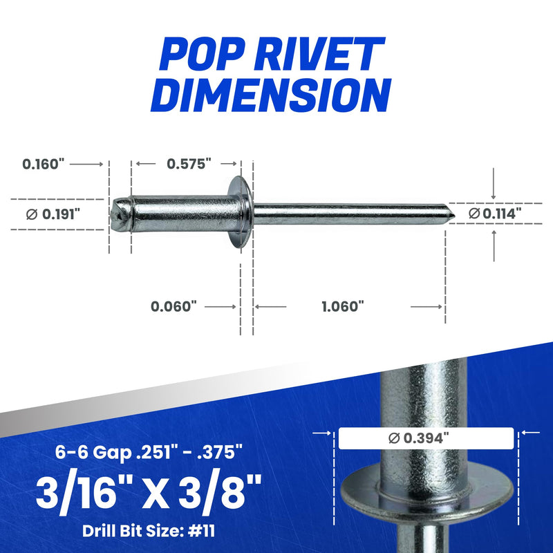 [Australia - AusPower] - Pop Rivets - 3/16" x 3/8" (100 pcs) Heavy Duty, Open-End, Low Carbon Steel, Dome-Head Blind Rivets, Corrosion-Resistant & High Shear Strength, 6-6 Gap 0.251"-0.375" 3/16" x 3/8" (6-6) (100 Pack) 