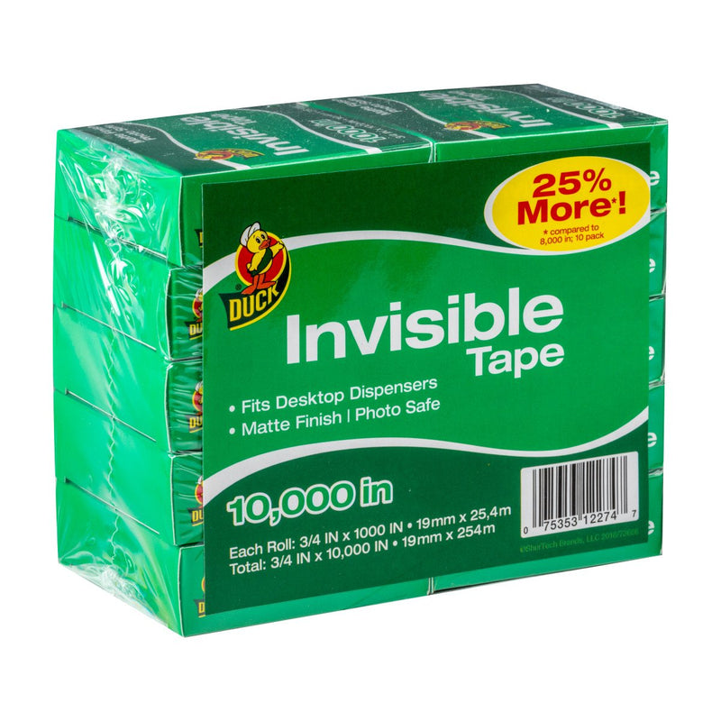 Duck Brand Matte Finish Invisible Tape Refill for Dispenser, 10 Rolls, Each Roll 3/4-Inch x 1000 Inches for 10000 Total Inches 10 Refill Rolls 1000 inches/roll