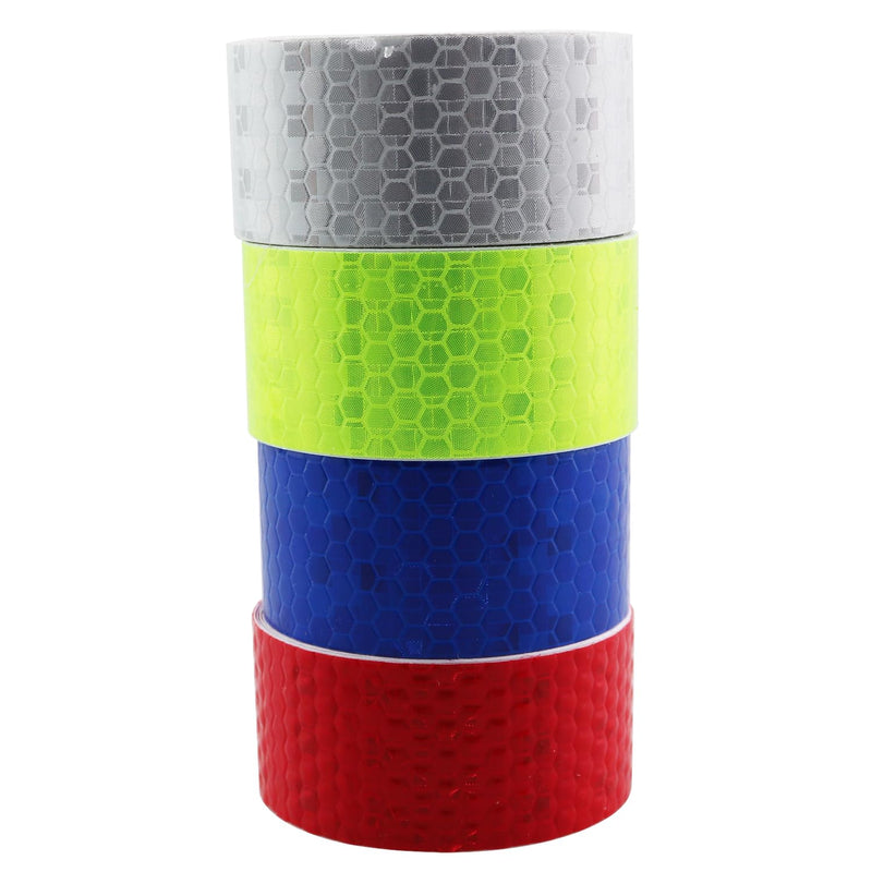 4PCS Bicycle Reflective Stickers Safety Warning Strips Crystal Grid Reflective Film Red White Blue Fluorescent Green 2.5cmx3m High Visibility Reflective Tape for Trailers Cars Hiking Campers