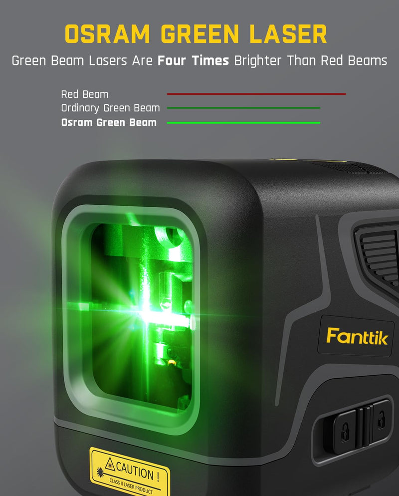 [Australia - AusPower] - Fanttik D2 Laser Level, 100 ft Self-Leveling Green Cross Line Laser, USB-C Rechargeable, Rotatable 360 Degree, Pulse Mode, Magnetic Bracket, Carrying Pouch, for Picture Hanging and Home DIY - Black 