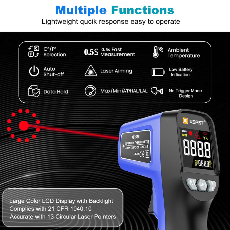 [Australia - AusPower] - Infrared Thermometer, Digital Temperature Gun -58°F ~1076°F Laser IR Temp Gun with Adjustable Emissivity & Max and Min Measure, Laser Temp Gun for Cooking, Pizza Oven, Grill & Engine XE-680 