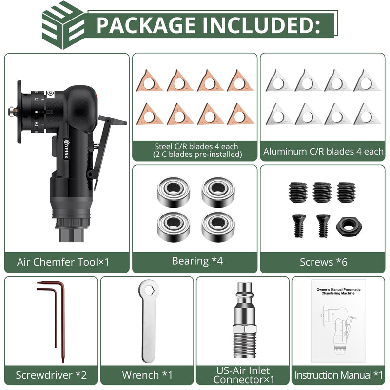 [Australia - AusPower] - EYPINS Pneumatic Chamfering Machine, 45° Curved Corner, 30,000 rpm, Mini Compressed Air Chamfer Machine with C & R Angle Blades for Aluminium Steel, Straight Edge/Arc Trimming and Deburring, Black 
