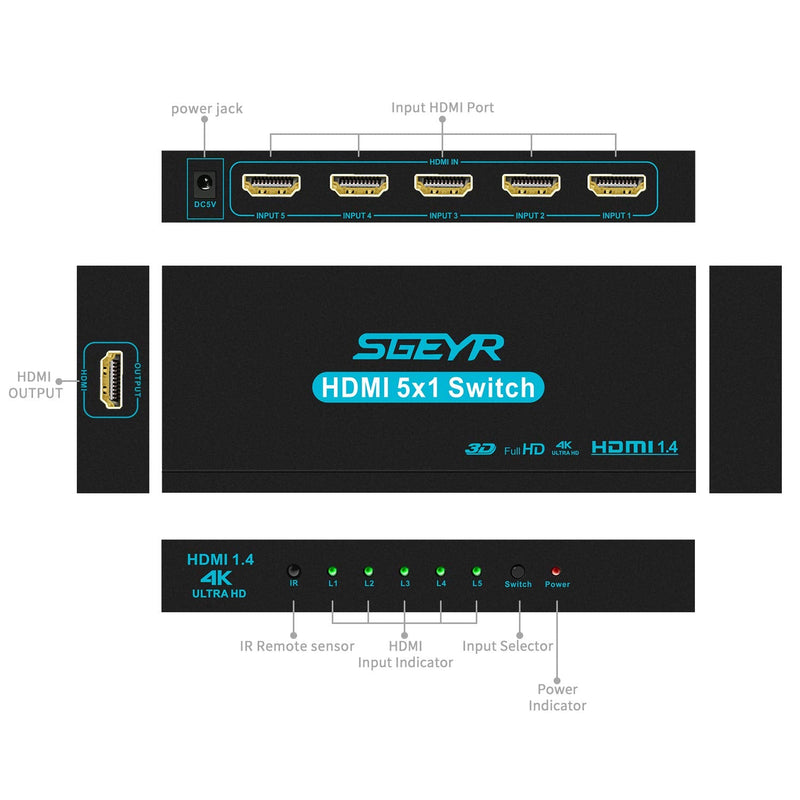 [Australia - AusPower] - HDMI Switch SGEYR 5x1 HDMI Switcher 5 in 1 Out HDMI Switch Selector 5 Port Box with IR Remote Control HDMI 1.4 HDCP 1.4 Support 4K@30Hz Ultra HD 3D 2160P 1080P Blue 