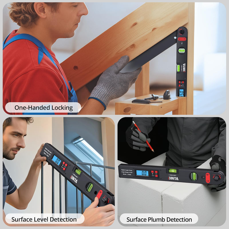 [Australia - AusPower] - BINTA Digital Angle Finder 0-225° Range, Aluminum Backlit LCD Digital Protractor with Horizontal/Vertical Dual Bubble Meter Storage Bag for Woodworking, Construction, Machinery, Home DIY (Black) Black 