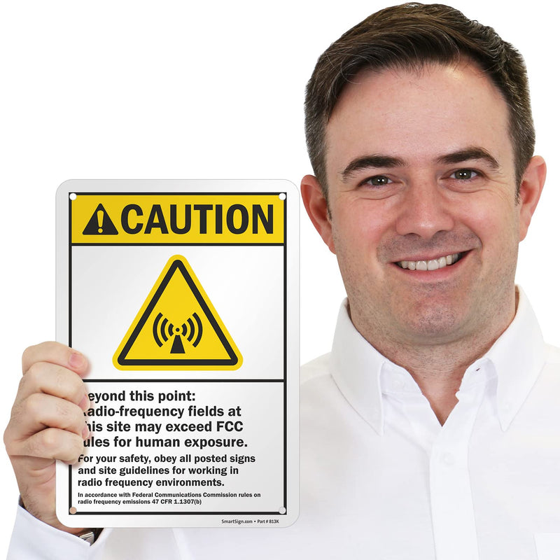 SmartSign 10 x 7 inch “Caution - Beyond This Point: Radio-Frequency Fields May Exceed FCC Rules for Human Exposure” ANSI Metal Sign, 40 mil Laminated Rustproof Aluminum, Yellow, Black and White