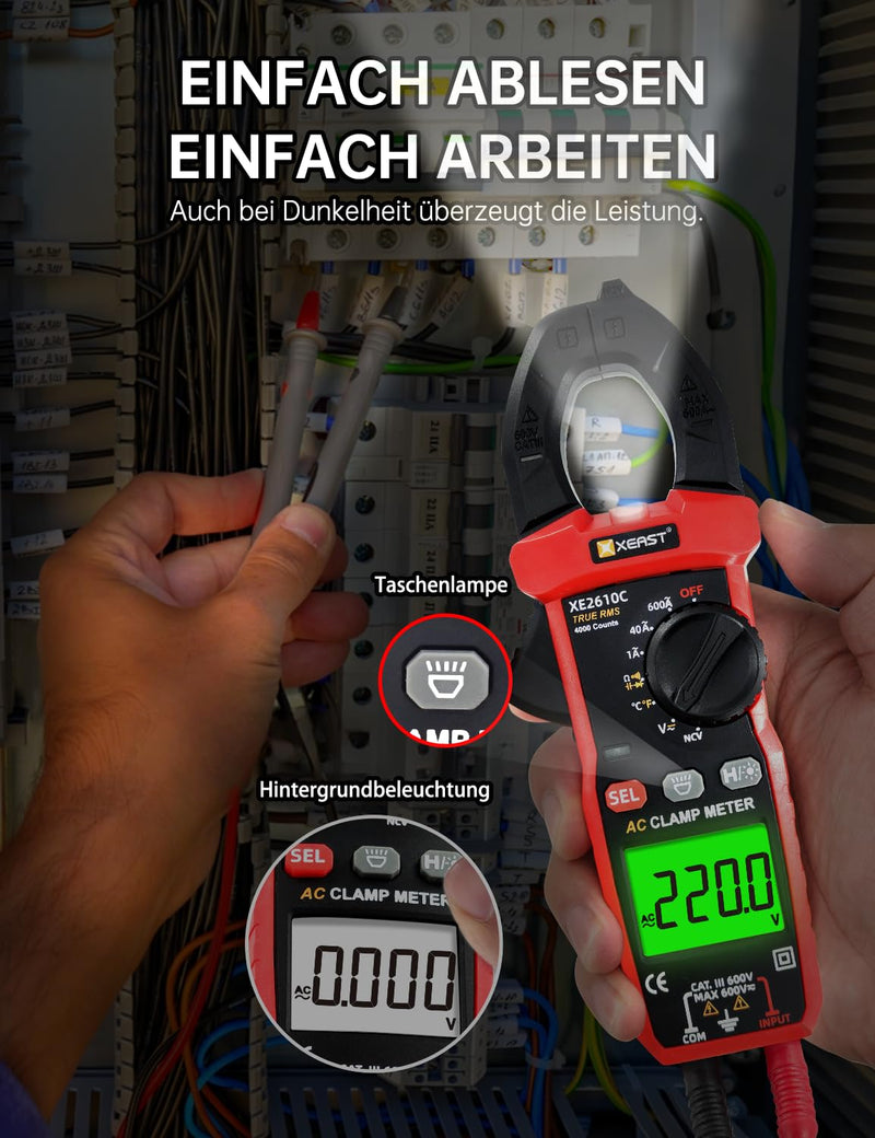 Current Clamp Multimeter, True-RMS 4000 Count Auto Range Clamp Meter, Clamp Meter for Measuring AC/DC Voltage, AC Current, Temperature, Resistance, Capacitance, Continuity, Diode NCV XE2610C