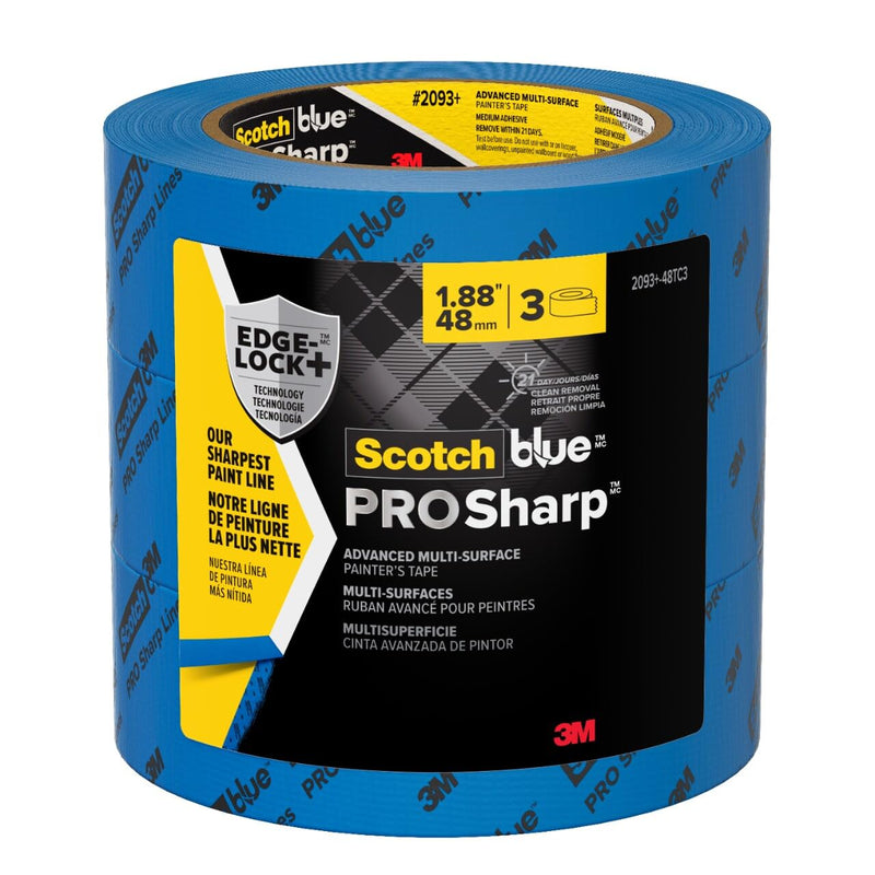 ScotchBlue PROSharp Painter's Tape 2 Inch Wide (1.88 in x 60 yd) 3 Rolls Blue Tape Protects Surfaces and Removes Easily, Edge-Lock Tape for Indoor and Outdoor Use (2093+-48AC3) 1.88 in x 60 yd