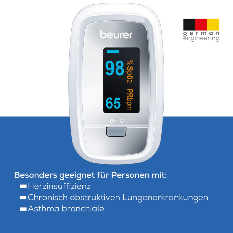 [Australia - AusPower] - Beurer PO 30 Pulse Oximeter, Measure Oxygen Saturation (SpO₂) and Heart Rate (Pulse), Finger Oximeter with Colour Display, Painless Use on Finger, 6.1 x 3.6 x 3.2 cm, White gray Single 