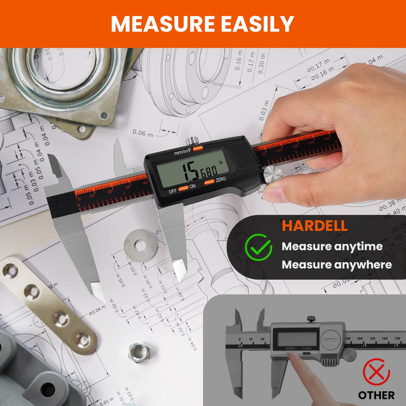 [Australia - AusPower] - HARDELL Digital Caliper, 0-8 Inch Measuring Tool Large LCD Screen,Stainless Steel,Auto-Off,Inch/Fractions/Millimeter Waterproof Caliper Digital Micrometer for DIY/Household/3D Printing 