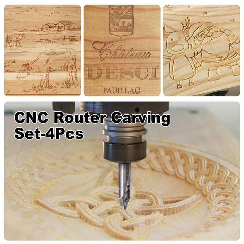 Engraving CNC Wood Carving Router Bit 1/4 Shank 15°/20°/60°/90° Engraving Bits, 2 Flutes Straight CNC V-bit Tungsten Steel Marking Conical Engraving Router Tool 4PCS Router Bit