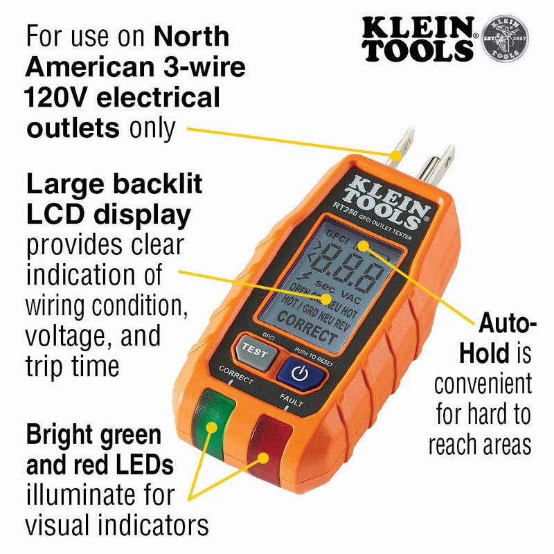 [Australia - AusPower] - Klein Tools NCVT2P Dual Range, Non-Contact Voltage Tester, 12-1000V AC & RT250 GFCI Outlet Tester with LCD Display, Electric Voltage Tester for Standard 3-Wire 120V Electrical Receptacles 