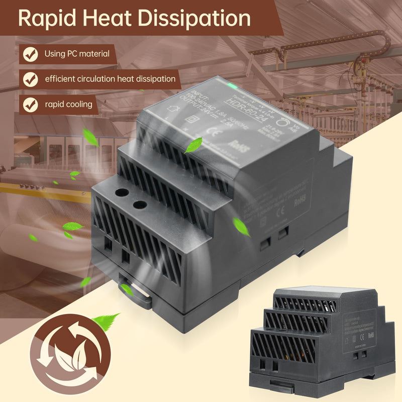 Power Supply for DIN Rail Mounting 24 V 2.5 A 60 W Switching Power Supply Transformer AC to DC for Industrial LED Lighting and Automation HDR-60-24 HDR-60-24 60W
