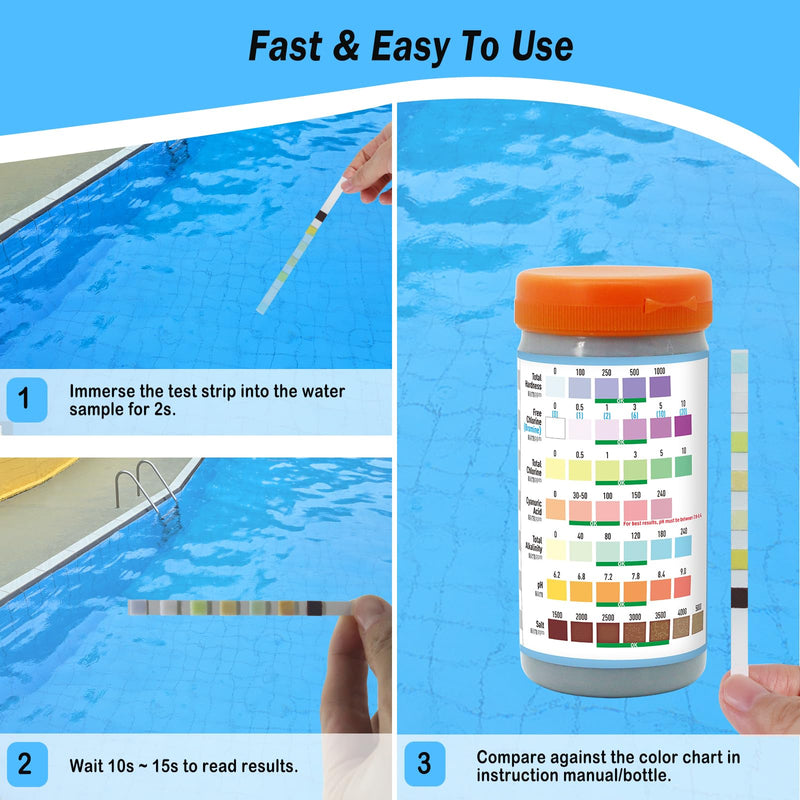 [Australia - AusPower] - 8 in 1 Salt Water Pool Testing Kit,100 Counts Salt Pool Test Strips,Spa & Hot Tubs Test Strip for Salt,Bromine,Chlorine,Cyanuric Acid,pH,Hardness,Alkalinity 8in1 Pool 