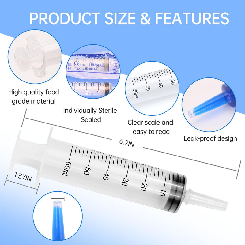 30 Pack 60ml Syringes Without Needle, Sterile & Individually Sealed, Large Plastic Syringes for Liquid, Precise Measuring for Pet Feeding, Scientific Labs & Dispensing 30