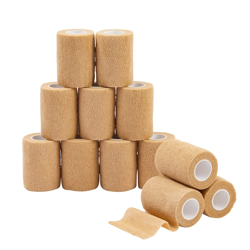 Juvale Self-Adherent Cohesive Wrap - Breathable Support Athletic Tape - Snug Fit for Tattoo Equipment - Swelling & Strain Aid Sports Tape - 3 in x 5 yd, Pack of 12, Tan 3" x 5 Yards
