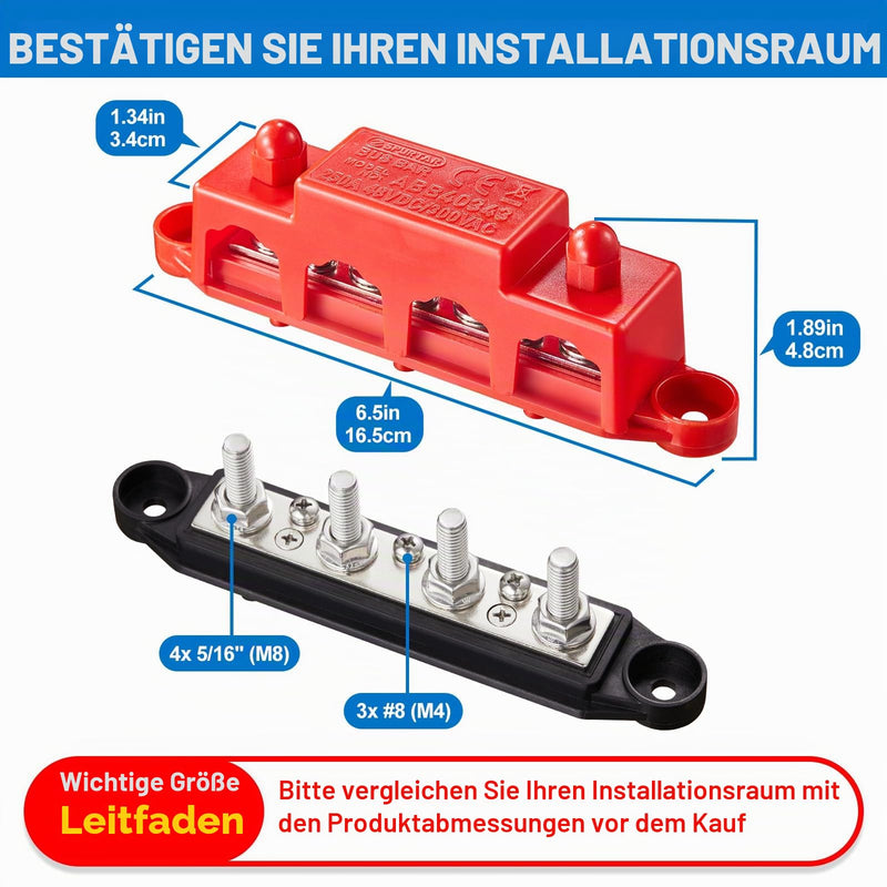 Spurtar busbar power distribution block 250A with cover, 4x M8 (5/16") clamping bolts, 3x M4 screws, 12V 24V 48V battery busbar for cars, trucks, motorhomes, boats | 250 A, 12-48 V DC, heavy duty, large design for battery systems in cars, caravans,...