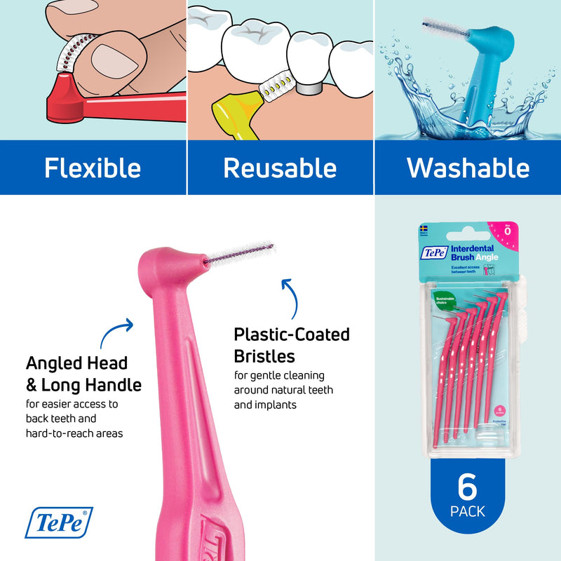 [Australia - AusPower] - TEPE Interdental Brush Angle, Angled Dental Brush for Teeth Cleaning, Pack of 6, 0.44 mm, Extra-Small/Small Gaps, Pink, Size 0 6 Count (Pack of 1) 