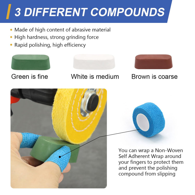 SCOTTCHEN 4inch Buffing Polishing Wheel with 1/4" Shank for Drill, 1/2" Arbor Hole,Soft/Fine/Medium -3pcs,with Buffing Polishing Cutting Compounds 7.4 Oz.Kit,with 2 Pack Non-Woven Bandage Multi 9pcs 4 inch