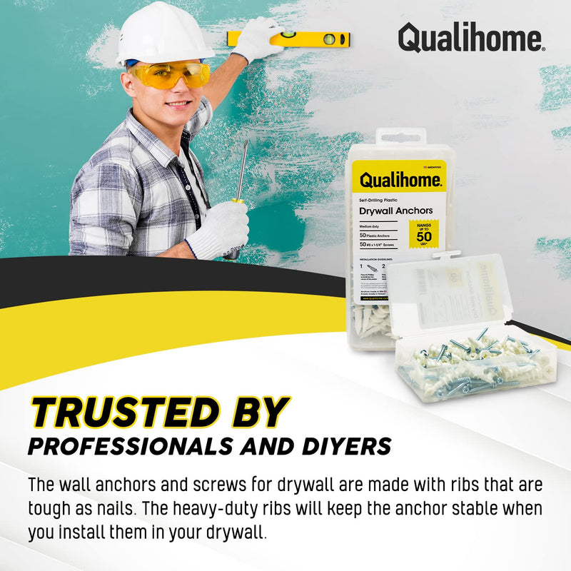 [Australia - AusPower] - Qualihome Heavy Duty Plastic Self Drilling Drywall Anchors and Screws Kit | Includes 50 Drywall Anchors, 50#8 1-1/4 Inch Screws & Reusable Storage Case 50 Pack 