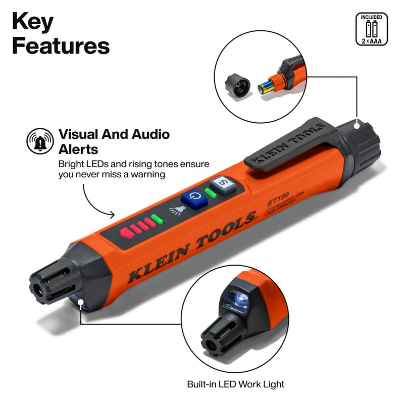 Klein Tools ET190 Gas Leak Detector, Wide Detection Range, Audible and LED Alerts, Slim and Lightweight Compact